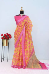 Linen Digital Print Pink Saree With Unstiched Blouse Piece-MPHL-25-PINK